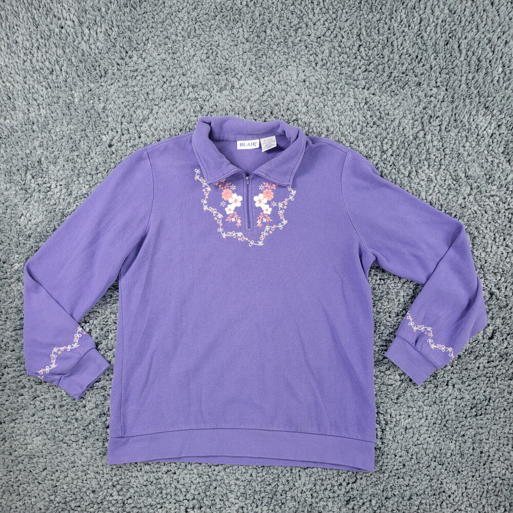 Blair Sweater Womens Large Purple Embroidered Flowers Long Sleeve 1/4 Zip '
